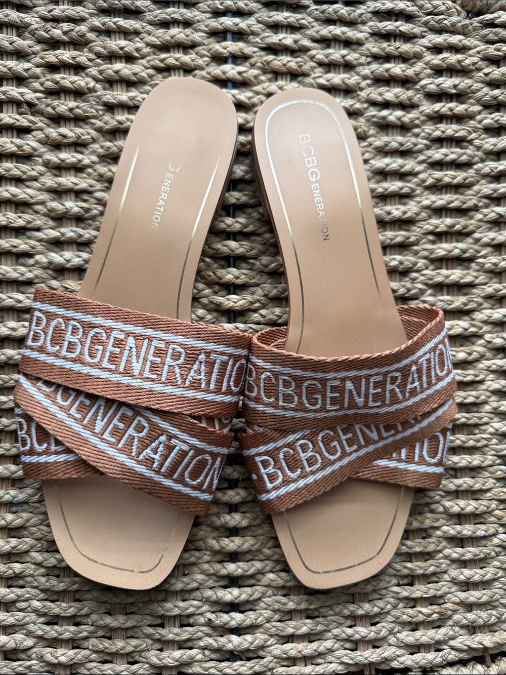 BCBGeneration Tan Braided Logo Slide Mules